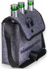 A grey felt bag designed to carry three beer bottles, with a strap and a flap closure. Produktbild-Vorschau