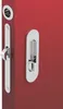 A close-up, studio shot of a silver-colored door lock set on a red door. Produktbild-Vorschau
