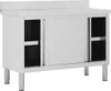A stainless steel work cabinet with sliding doors and shelves, shown from the front. Náhľad obrázku produktu