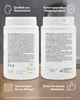 Two white product containers are shown side-by-side, with text overlays and icons providing product information. Produktbild-Vorschau