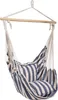 A hanging chair with blue and white stripes, suspended from a wooden bar. Produktbild-Vorschau