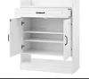 A white shoe cabinet with its doors open, showing the interior shelves and a drawer. Produktbild-Vorschau