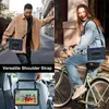 Collage showing a dark blue tablet case with a versatile shoulder strap being used in different scenarios: a man walking, a woman riding a bicycle, and a tablet mounted on a car seat. Voir les images du produit