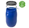 A blue plastic barrel with its lid and clamp detached, shown against a white background. A green circular icon with text is present in the upper right corner. Produktbild-Vorschau