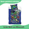 A folded duvet and pillow with a Minecraft theme, displayed on a white background with green text overlays. Produktbild-Vorschau