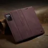 A close-up shot of a red leather phone case with a Samsung Galaxy S20 FE phone inside, resting on a textured brown surface. Produktbild-Vorschau