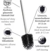 A toilet brush with a stainless steel handle and a black silicone brush head, with callouts describing its features. Produktbild-Vorschau