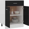 A white and black cabinet with two open doors, revealing shelves with dishes and bowls. Voir les images du produit