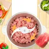 A food processor filled with ground meat, with ingredients and a raw piece of meat around it. Produktbild-Vorschau