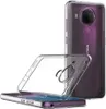 A clear protective phone case is shown in front of a purple smartphone. Produktbild-Vorschau