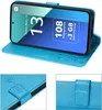 A collage of images showing a blue flip wallet case for a Xiaomi Redmi Note 13 4G phone, with close-ups of the case's details. Produktbild-Vorschau
