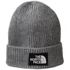 A close-up studio shot of a gray knitted beanie with a black patch featuring the white North Face logo. Produktbild-Vorschau