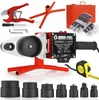 A collection of tools for welding PVC pipes, including a pipe cutter, welding machine, stand, gloves, measuring tape, and various dies. Náhľad obrázku produktu