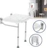 A collage of images showing a foldable shower stool, a woman in a bathrobe in a bathroom, and close-ups of the shower stool's mounting mechanism and folded state. Voir les images du produit