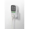 A white energy meter plugged into a wall socket, with a power cord attached. Produktbild-Vorschau