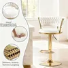 A collage showing a white velvet bar stool with gold accents, close-ups of its features, and material details. Produktbild-Vorschau