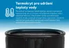 A close-up view of the top of a black insulated tub, with a blue background featuring text and icons. Produktbild-Vorschau