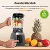 A blender is shown on a wooden table with fruits and a pineapple. A hand is operating the blender. Produktbild-Vorschau