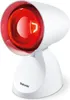 A white Beurer infrared lamp with a red bulb is shown on a white background. Produktbild-Vorschau