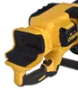 Close-up of a yellow and black DeWalt 18V battery-powered chainsaw, showing the battery compartment and handle. Voir les images du produit