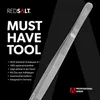 A close-up marketing image of a pair of kitchen tongs against a black background, with text highlighting features. Produktbild-Vorschau