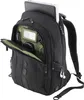 A black Targus laptop backpack with its front compartment open, showing various items inside. Náhľad obrázku produktu
