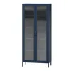A dark blue display cabinet with glass doors and metal legs, shown against a white background. Anteprima dell’immagine prodotto