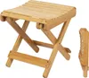 A wooden folding stool is shown in a product shot, along with a folded view of the stool. Produktbild-Vorschau