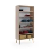 A tall, narrow, open-shelf wardrobe or bookcase with wooden legs, standing on a white background. It contains folded clothes, books, and decorative items. Produktbild-Vorschau