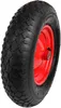 A close-up studio shot of a wheel with a red rim and a black tire. Produktbild-Vorschau