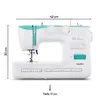 A white and turquoise sewing machine is shown from the front, with dimensions indicated. Produktbild-Vorschau