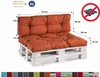 A pallet sofa with orange cushions on a white pallet base, with dimensions indicated. Produktbild-Vorschau