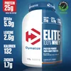 A product shot of a Dymatize Elite 100% Whey protein powder container, with nutritional information displayed on the left. Produktbild-Vorschau