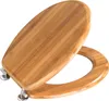A toilet seat made of bamboo with metal hinges, shown from a slightly elevated angle against a white background. Produktbild-Vorschau
