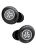 A pair of black wireless earbuds with a silver logo on a white background. Produktbild-Vorschau