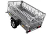 A silver utility trailer with a mesh cage attachment, shown from a high angle on a white background. Produktbild-Vorschau