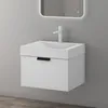 A white wall-mounted bathroom vanity with a sink and faucet, with a mirror above it. Produktbild-Vorschau