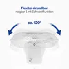 A close-up marketing image of a white fan, showing its adjustable tilt and oscillation range. Produktbild-Vorschau