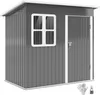 A dark gray metal garden shed with a white roof, a window, and a door with a lock and key. A pair of white gloves and a padlock are in the foreground. Produktbild-Vorschau