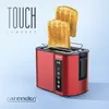 A red toaster with two slices of toast is shown against a light blue and white background. Text overlays highlight the product's features. Náhled obrázku produktu