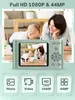 A digital camera is shown in the foreground, with a mother and baby in the background, suggesting family use. Below the camera, icons represent photo, video, 1080p, and 44MP features. Produktbild-Vorschau