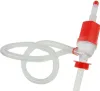 A red and clear plastic hand pump with a flexible corrugated tube, isolated on a white background. Anteprima dell’immagine prodotto