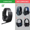 A split image showing compatible and incompatible headphones. The left side shows a compatible black headset on a white background with a green checkmark. The right side shows four incompatible headsets on a gray background, each with a red X. Náhled obrázku produktu