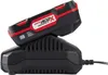 A black battery charger with a black and red battery pack on top, against a white background. Produktbild-Vorschau