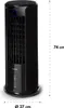 A tall, black tower fan with a digital display and water tank is shown from a slight diagonal angle, with measurement indicators for height and diameter. Produktbild-Vorschau