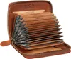 An open brown leather wallet filled with credit cards, showing its RFID protection feature. Produktbild-Vorschau