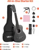 A black acoustic guitar and its accessories are laid out on a white background, with numbered labels pointing to each item and a list of items at the bottom. The text 'All-in-One Starter Kit' is at the top. Podgląd zdjęcia produktu