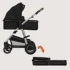 A black and silver stroller with a bassinet attachment is shown in profile, with an arrow indicating it can be folded into a compact form shown below. Produktbild-Vorschau