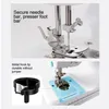 Close-up shots of a sewing machine's needle and bobbin area, with descriptive text. Produktbild-Vorschau