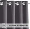 Close-up of dark gray curtains with grommets, showing a measurement and text. Produktbild-Vorschau